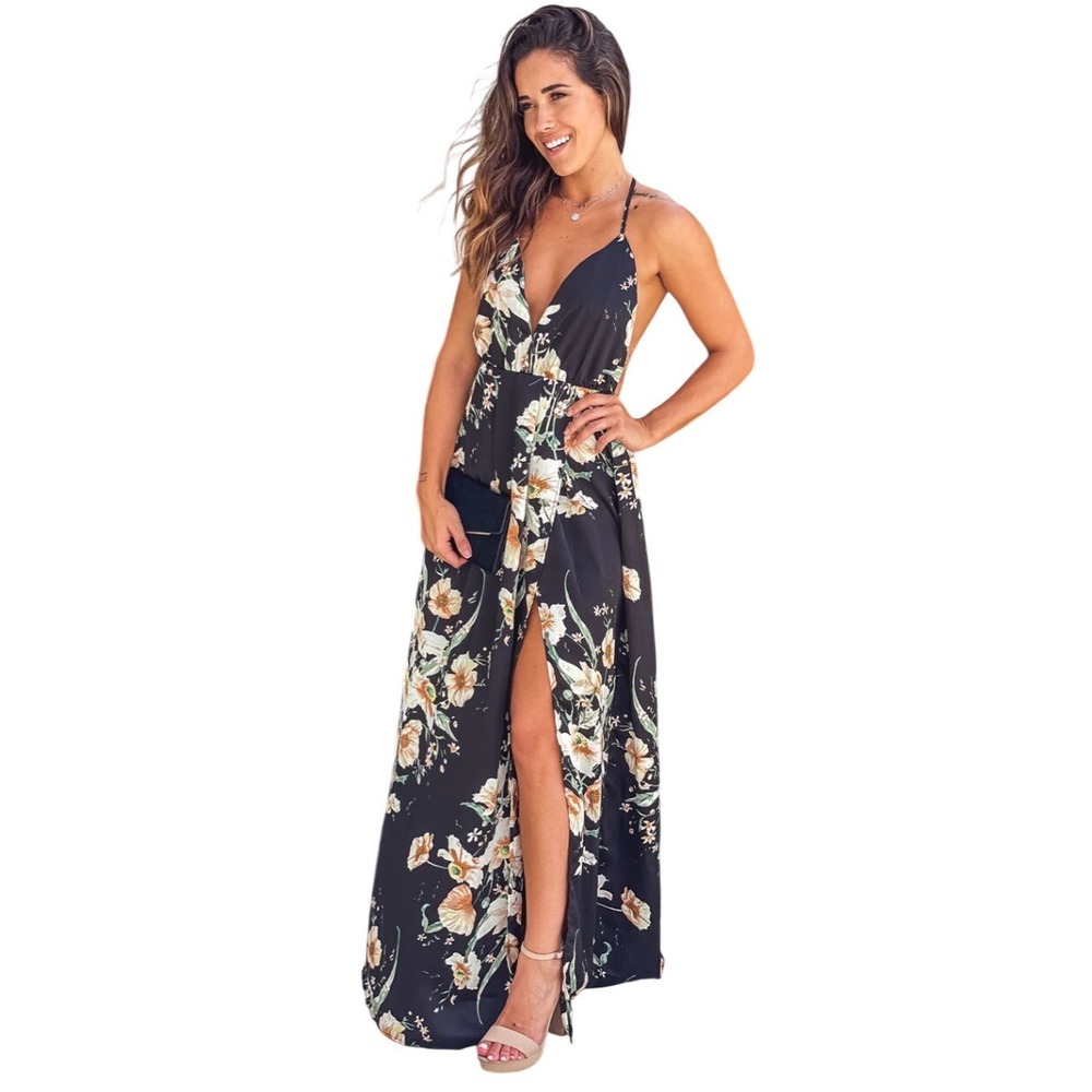 Floral Black Maxi Dress with Side Slit